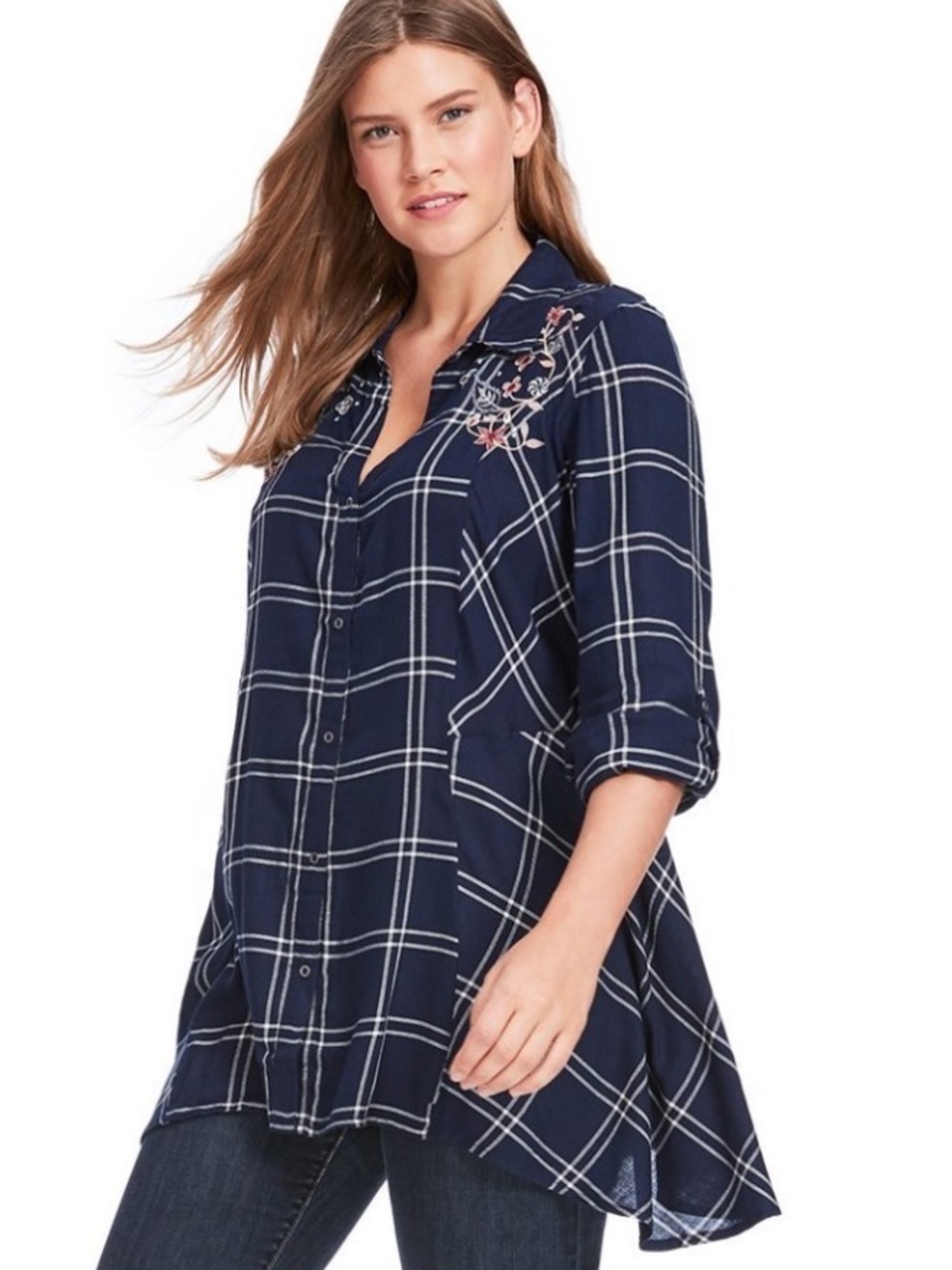 Vintage America Navy Plaid Button-Front Tunic with Embroidery